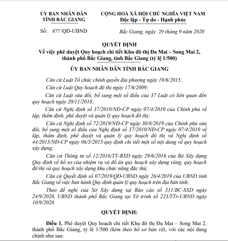 Quyết định số 877/QĐ-UBND về việc phê duyệt quy hoạch chi tiết tỷ lệ 1/500 dự án Khu đô thị Đa Mai - Song Mai 2 thuộc phường Đa Mai, TP.Bắc Giang (Quyết định số 877/QĐ-UBND)